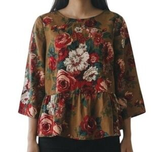 BROOKS BROTHERS Red Fleece Floral Peplum Cotton Blouse 3/4" Sleeves EUC Size 6